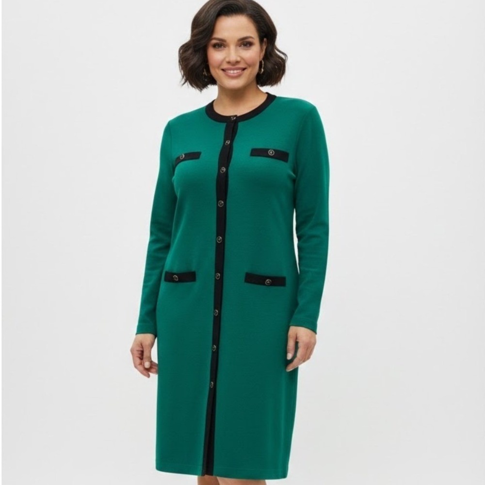 Liz Claiborne Women Dress Lg Green Black Trim Button Front Long Sleeve Office